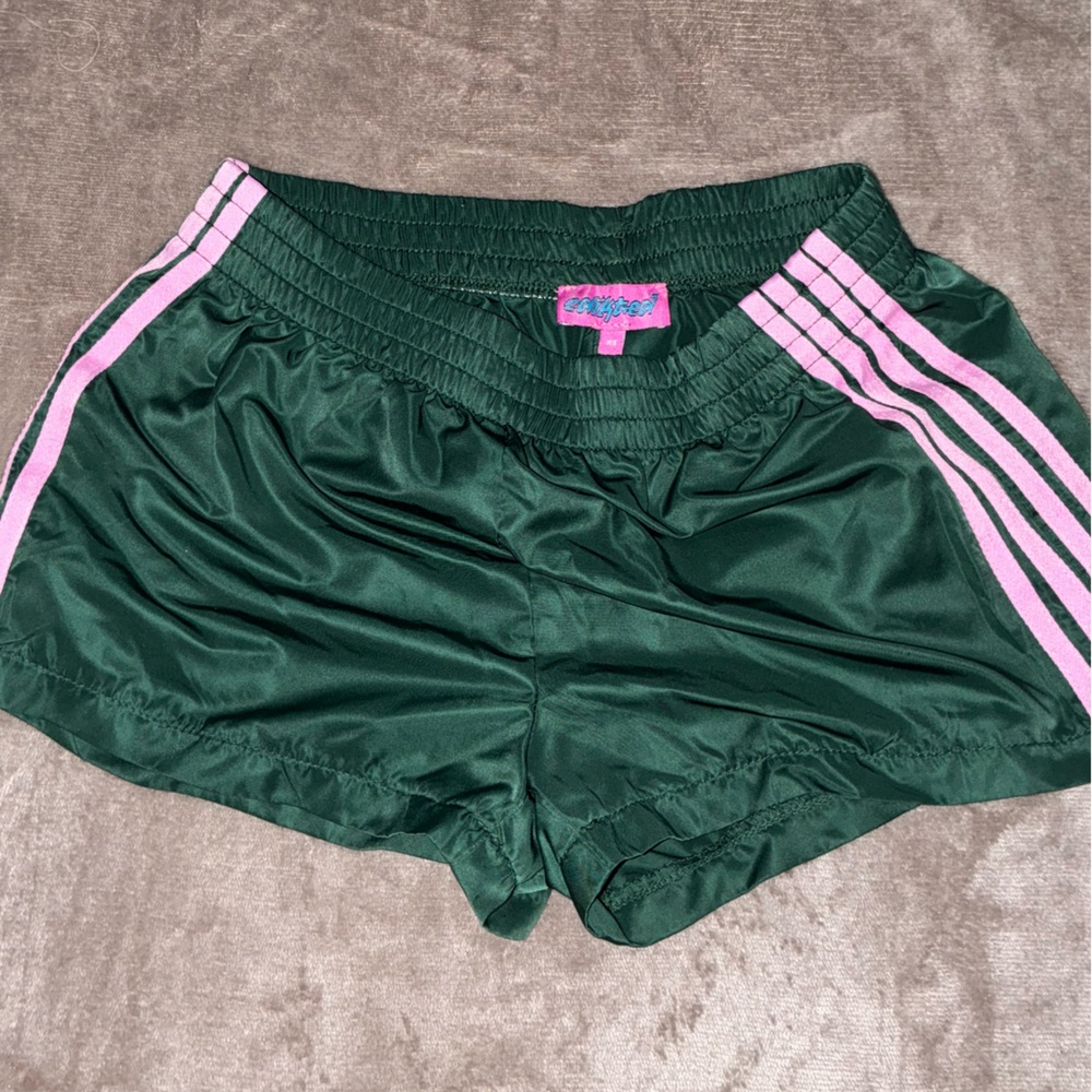 Green Athletic Shorts with Pink Stripes